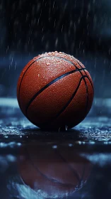 Wet basketball rests on reflective court under pouring rain