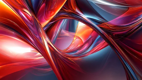 3D molten ribbons weave through luminous abstract space.