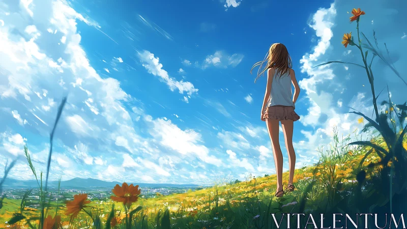 Anime hillside landscape renders girl against expansive sky