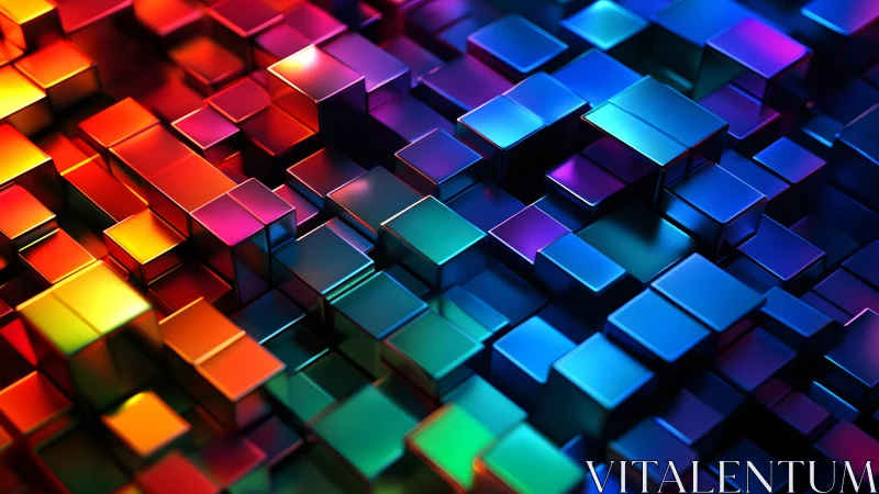 Chromatic metallic cubes in dynamic 3D geometric grid.