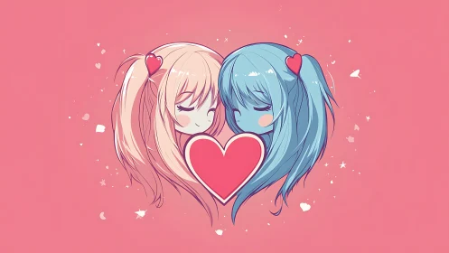 Symmetrical kawaii anime portrait with heart-shaped framing.
