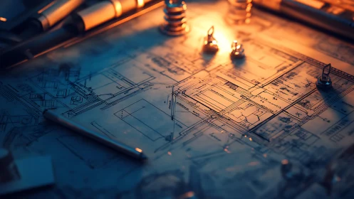 Architectural Blueprints with Precision Fasteners Under Warm Illumination.