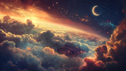 Dreamy floating piano in glowing clouds at cosmic dusk.