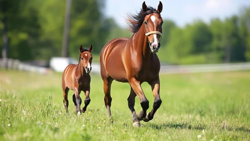 Brown mare and foal running across green pasture field