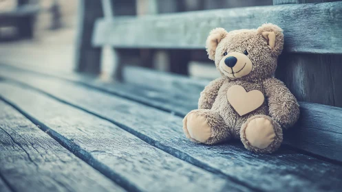 Soft teddy bear with heart emblem on weathered bench.