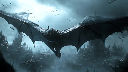 Hybrid bat-shaped figure traverses stormy gothic skyline