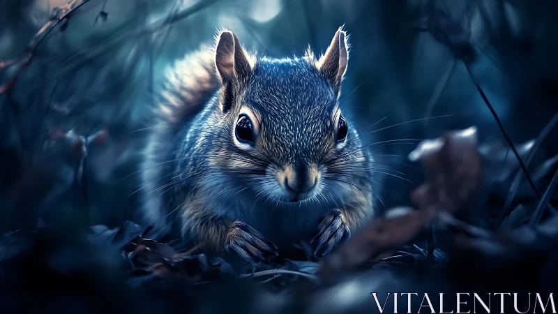 Small rodent is positioned centrally in low light forest floor