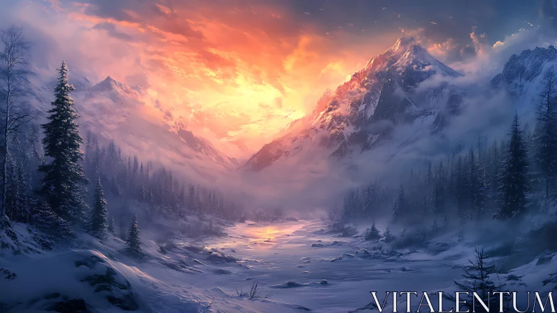 Snowy mountain valley under vivid winter sunrise sky.