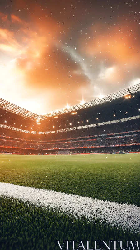 Floodlit football stadium glows under dramatic evening sky