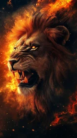 Side profile of roaring lion surrounded by digital flames.