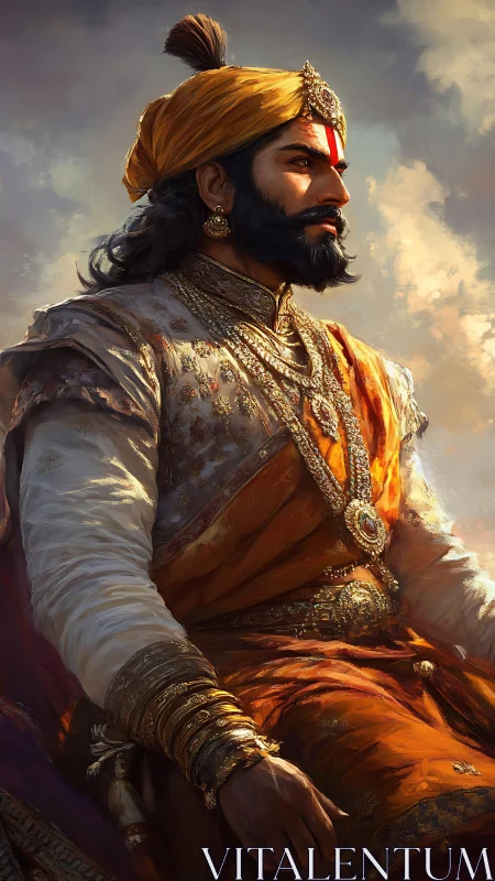 Sunlit warrior king in jeweled saffron regalia of power.