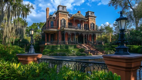 Victorian brick mansion with ornate iron balconies in garden.