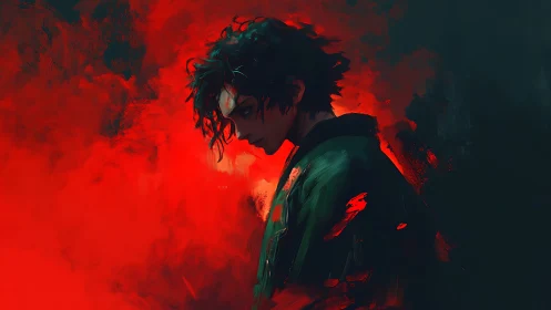 Brooding young man in red and dark abstract smoke.