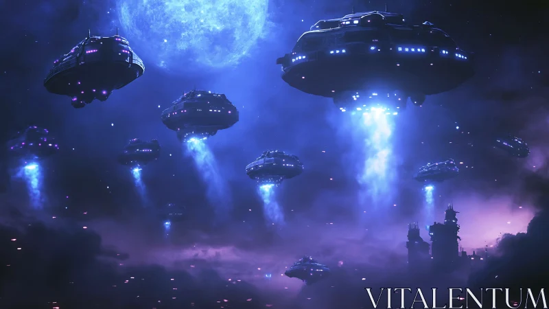 Multiple saucer craft deploy synchronized beams over alien skyline