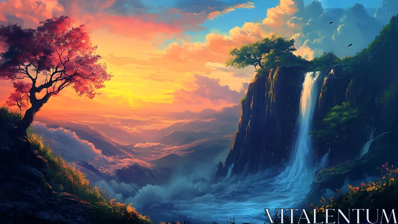Digital landscape shows sunset sky, cliffs and waterfall