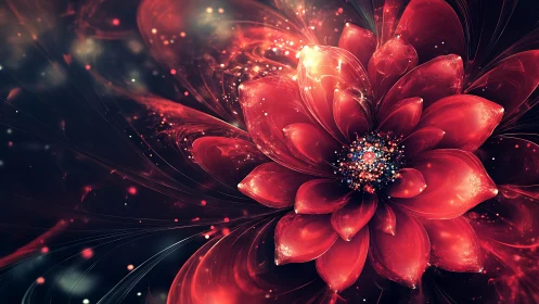 Digital red fractal flower with glowing abstract petals.