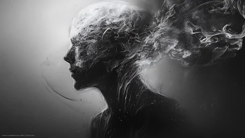Abstract human profile dissolving into smoke and light.