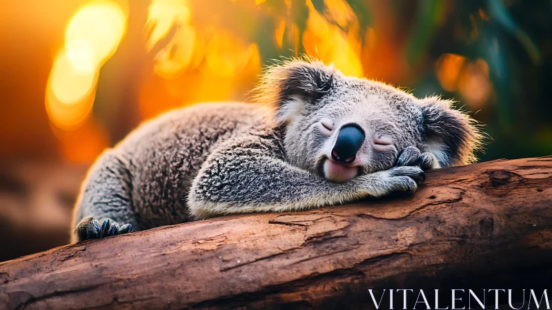 Koala sleeps peacefully on sunlit branch at warm sunset