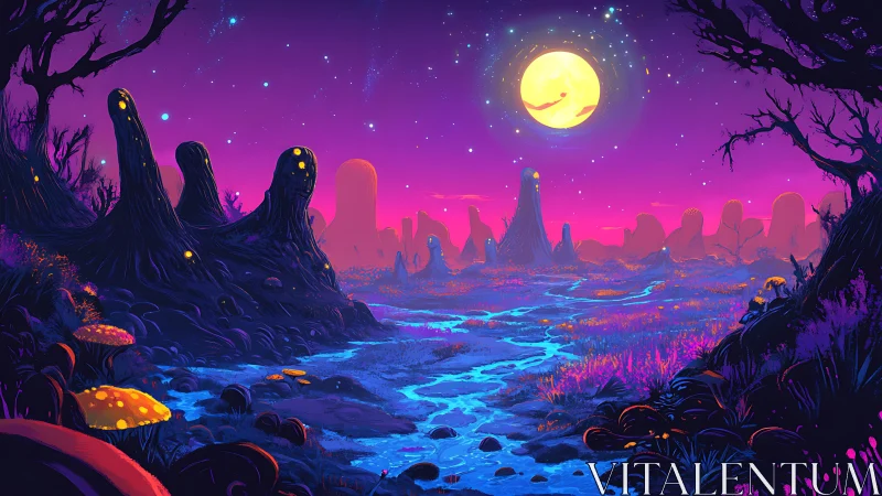 Moonlit river stitches neon dreams across alien meadows