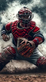 Dust swirls as a determined baseball catcher guards home plate
