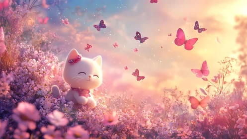 Animated Cat Figure Among Flowering Plants with Butterflies