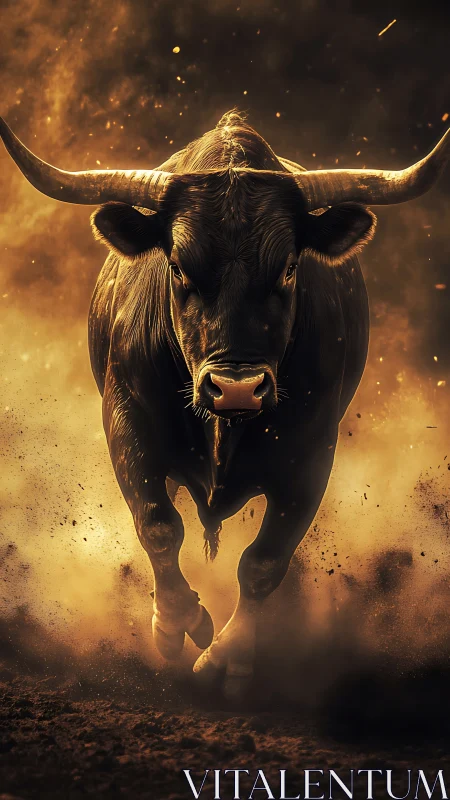 Charging bull emerges from blazing dust in dramatic motion.