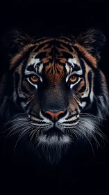 High-contrast tiger portrait with symmetrical facial pattern rendering