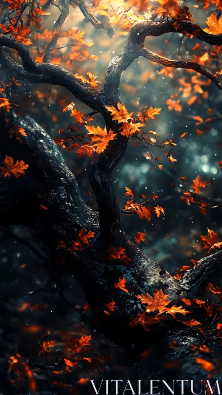 Backlit autumn maple branches curve through cinematic forest haze