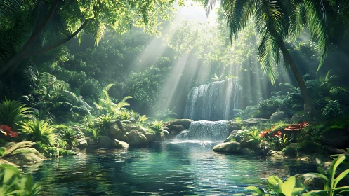 Dense tropical pool and waterfall under filtered sunlight.