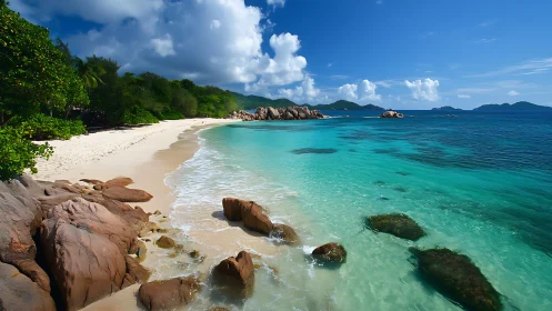 Turquoise Lagoon with Granite Formations and Tropical Shoreline.