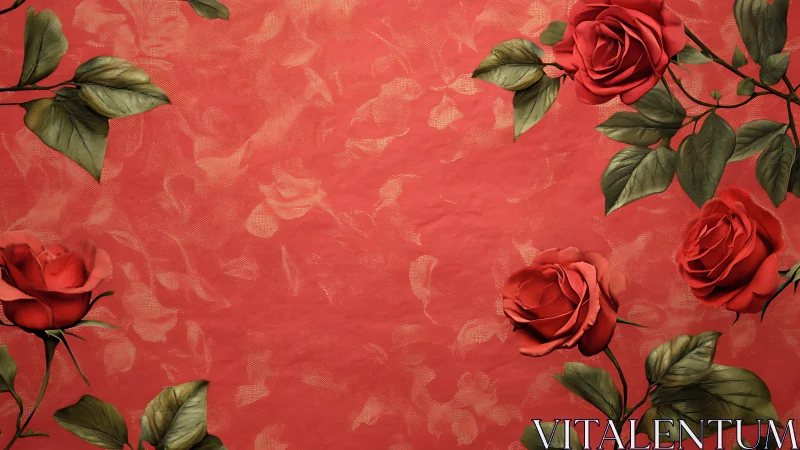 Red Roses with Green Leaves on Crimson Damask Background
