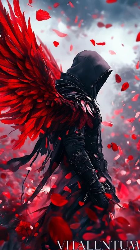 Hooded dark angel with vivid red wings amid petals.