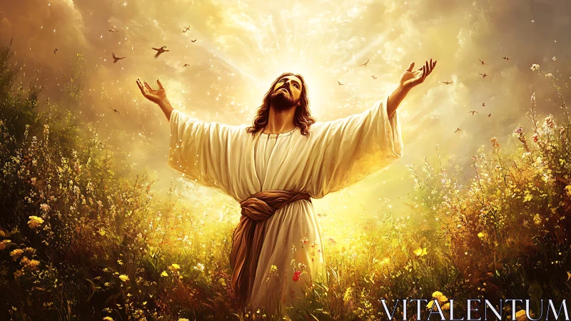 Radiant robed figure ascends amid golden celestial bloom