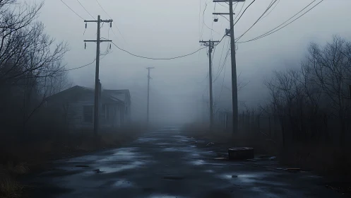 Fog-drenched abandoned road with decaying power lines at dusk.