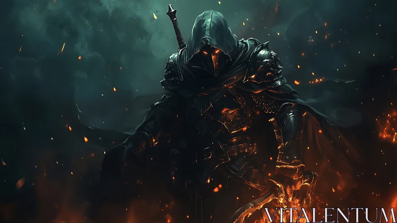 Hooded infernal knight in molten armor amid embers and smoke