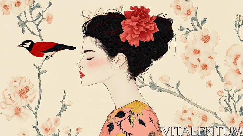 Silent profile listens as red bird threads through blossoms