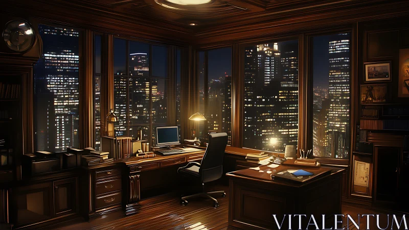 Executive corner office at night with city skyline view.