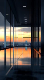 High-rise corridor with sunset cityscape reflection