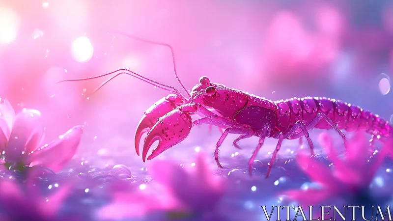 Pink shrimp-like crustacean in glowing floral bokeh field.
