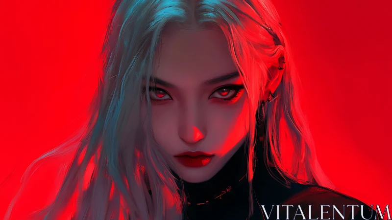 Intense silver haired heroine glowing in neon red light.