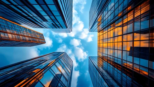 Skyward city towers glowing with warm sunset reflections.