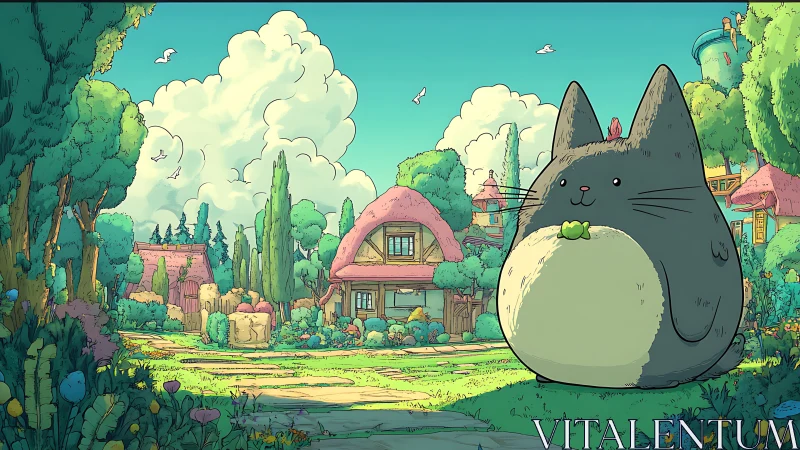 Giant forest cat spirit overlooks pastel cottage village.