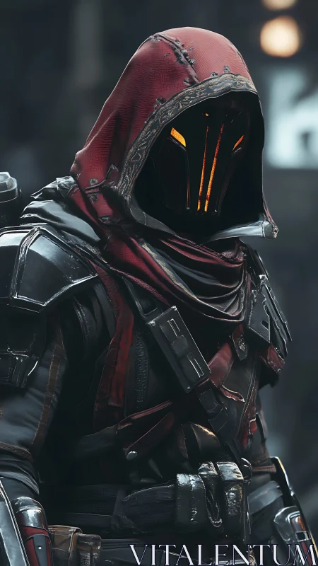 Hooded sci fi sentinel in weathered armor with ember visor.