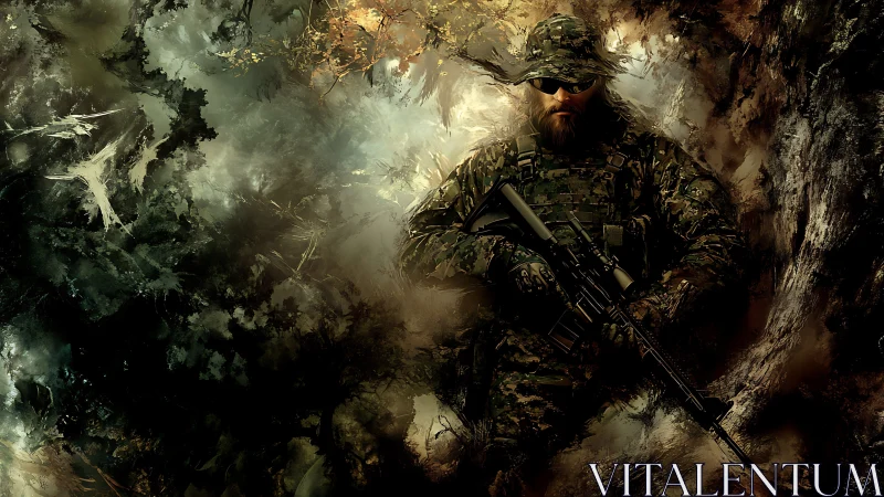 Camouflaged tactical sniper emerging from abstract forest haze