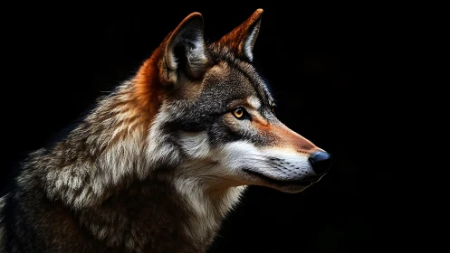 Side profile of wolf against uniform black background.