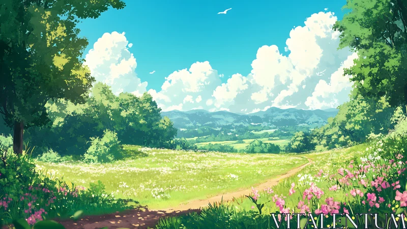 Sunlit meadow path drifting toward distant painted hills.