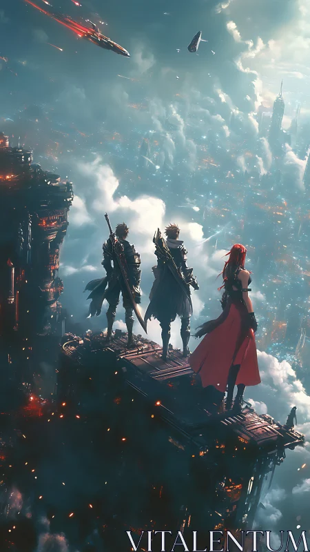 Triad of cyber knights surveying stratified sky megacity