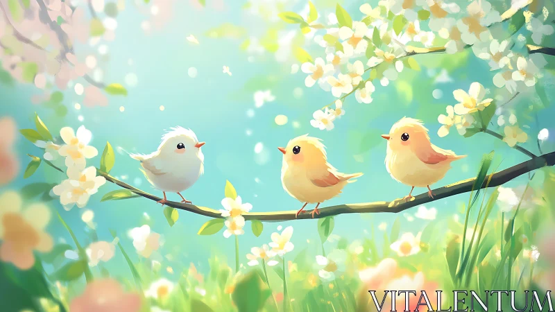 Spring songbirds rendered in soft-focus pastel digital painting