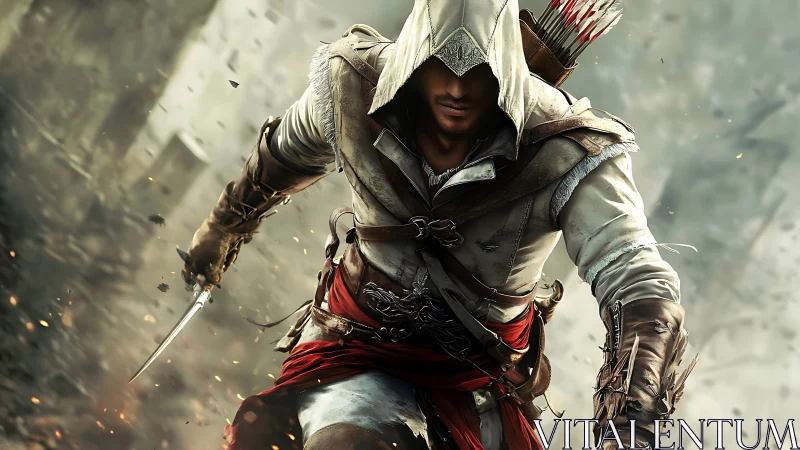 Hooded rogue lunges through embers in a storm of motion.