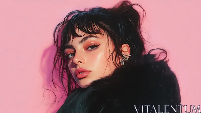 Digital portrait with glossy skin tones on pastel pink.
